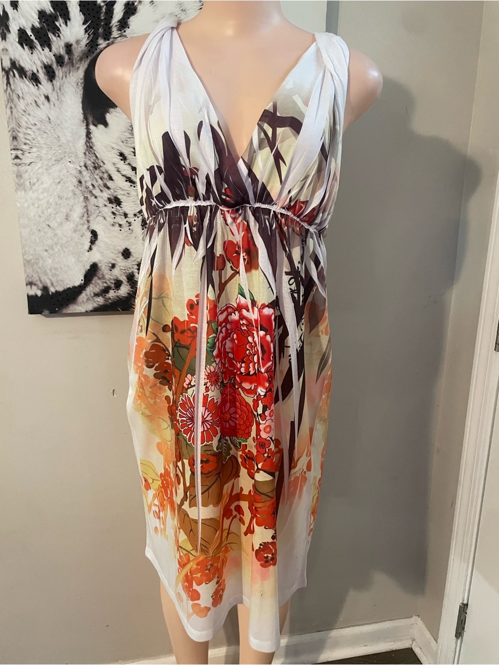 Vintage 90s y2k Floral V-Neck Sundress botanical vibrant peonies foliage Large